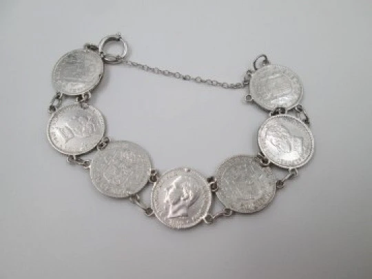 Spanish 50 cents coins women's articulated bracelet. Sterling silver. 1900's