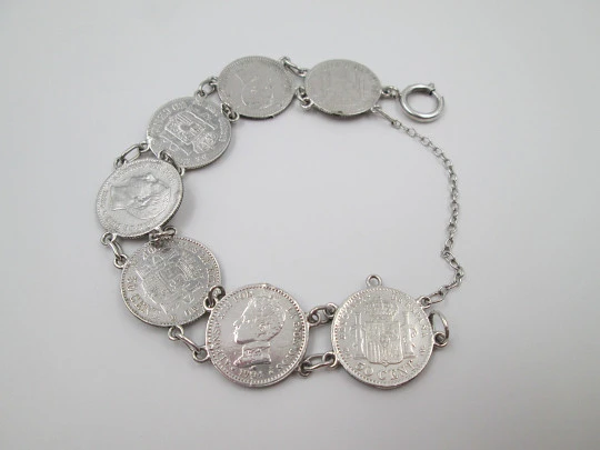 Spanish 50 cents coins women's articulated bracelet. Sterling silver. 1900's