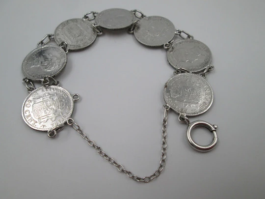 Spanish 50 cents coins women's articulated bracelet. Sterling silver. 1900's