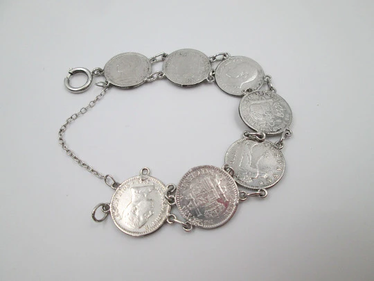 Spanish 50 cents coins women's articulated bracelet. Sterling silver. 1900's