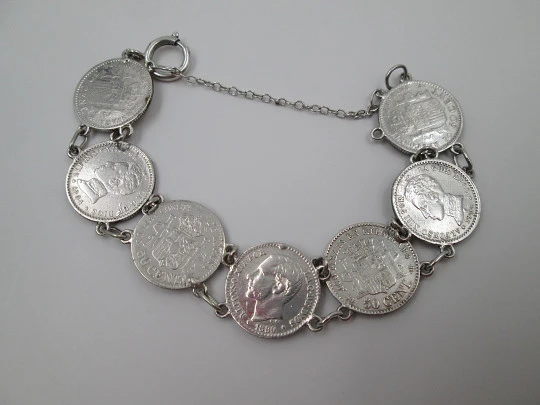 Spanish 50 cents coins women's articulated bracelet. Sterling silver. 1900's