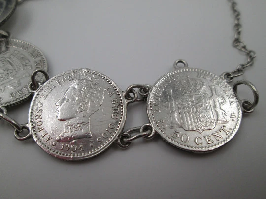 Spanish 50 cents coins women's articulated bracelet. Sterling silver. 1900's