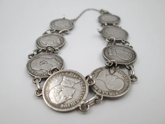 Spanish 50 cents coins women's bracelet. Alfonso XIII king. Sterling silver. 1900's