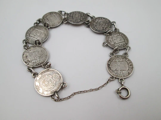 Spanish 50 cents coins women's bracelet. Alfonso XIII king. Sterling silver. 1900's