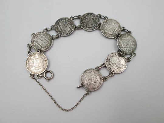 Spanish 50 cents coins women's bracelet. Alfonso XIII king. Sterling silver. 1900's