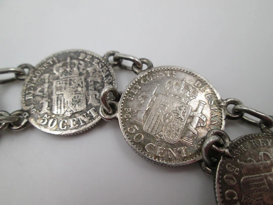 Spanish 50 cents coins women's bracelet. Alfonso XIII king. Sterling silver. 1900's
