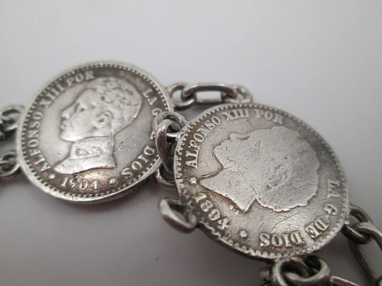 Spanish 50 cents coins women's bracelet. Alfonso XIII king. Sterling silver. 1900's