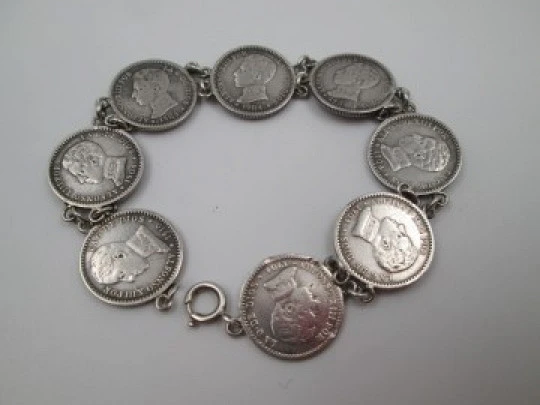 Spanish 50 cents coins women's bracelet. Alfonso XIII king. Sterling silver. 1904