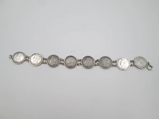 Spanish 50 cents coins women's bracelet. Alfonso XIII king. Sterling silver. 1904