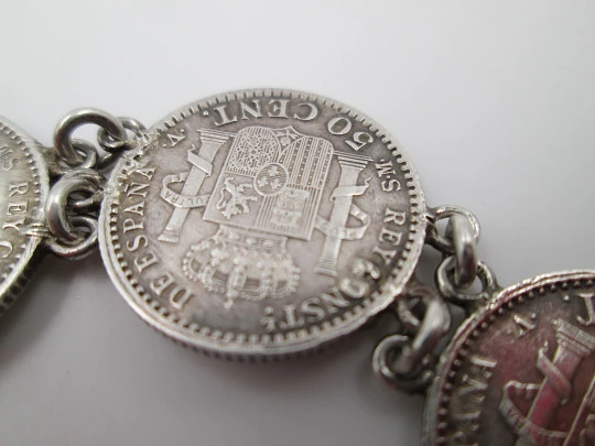 Spanish 50 cents coins women's bracelet. Alfonso XIII king. Sterling silver. 1904