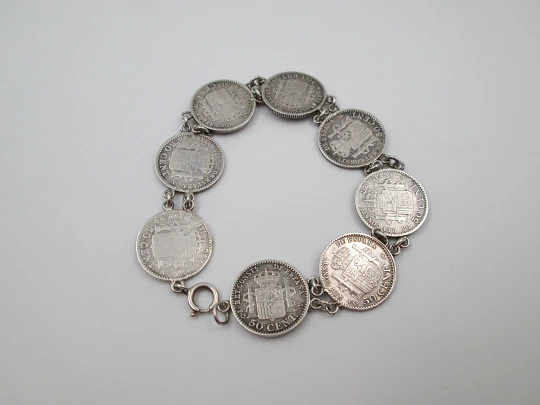 Spanish 50 cents coins women's bracelet. Alfonso XIII king. Sterling silver. 1904