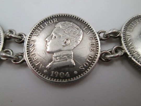 Spanish 50 cents coins women's bracelet. Alfonso XIII king. Sterling silver. 1904