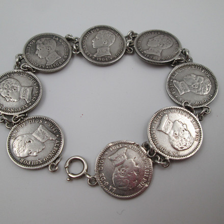 Bracelet Argent Avec Pièces Alfonso XIII Espagne ~1900 - 7 Pièces Ajourées, Occasion