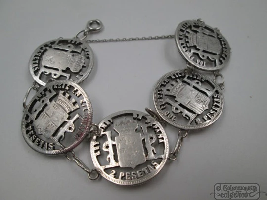 Spanish coins bracelet. Sterling silver. 2 pesetas Provisional Government 1870