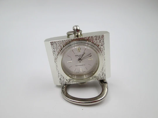 Spendid keychain watch. Silver plated metal. Manual wind. Rectangular case. Swiss. 1980's