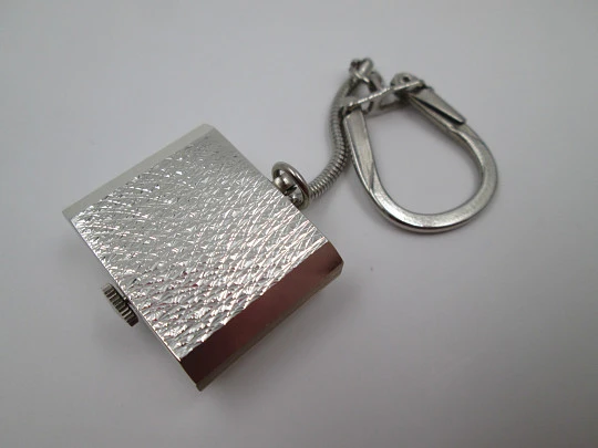 Spendid keychain watch. Silver plated metal. Manual wind. Rectangular case. Swiss. 1980's