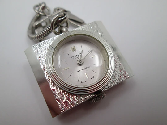 Spendid keychain watch. Silver plated metal. Manual wind. Rectangular case. Swiss. 1980's