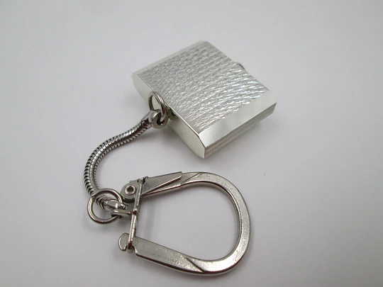 Spendid keychain watch. Silver plated metal. Manual wind. Rectangular case. Swiss. 1980's