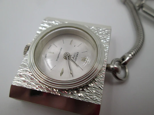 Spendid keychain watch. Silver plated metal. Manual wind. Rectangular case. Swiss. 1980's