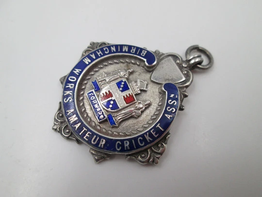 Sports fob medal. Amateur Cricket Association. Silver & enamel. A.S.&Co. 1935