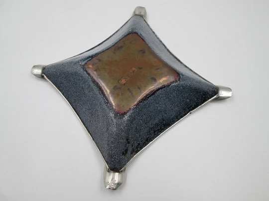 Square ashtray. 925 sterling silver and colored enamel. Floral motifs. 1980's. Spain