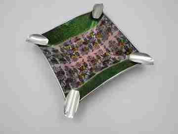 Square ashtray. 925 sterling silver and colored enamel. Floral motifs. 1980's. Spain