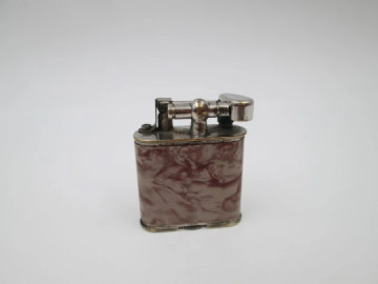 Steco pocket petrol lighter. Hammer type. Silver plated metal & marble celluloid. 1940's