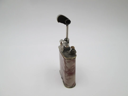 Steco pocket petrol lighter. Hammer type. Silver plated metal & marble celluloid. 1940's