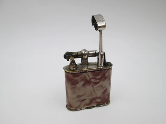 Steco pocket petrol lighter. Hammer type. Silver plated metal & marble celluloid. 1940's