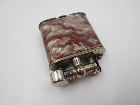 Steco pocket petrol lighter. Hammer type. Silver plated metal & marble celluloid. 1940's