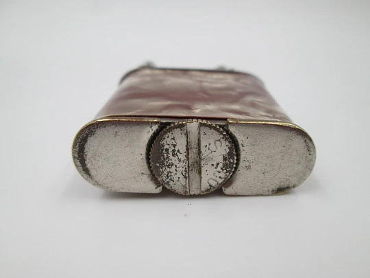 Steco pocket petrol lighter. Hammer type. Silver plated metal & marble celluloid. 1940's