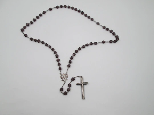 Sterling silver and amethyst crystal rosary. Crucifix and Mary anagram. Spain. 1940's