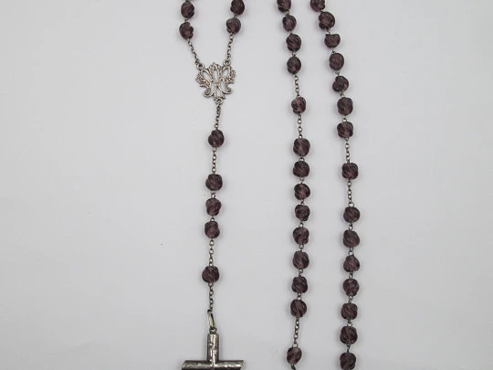 Sterling silver and amethyst crystal rosary. Crucifix and Mary anagram. Spain. 1940's