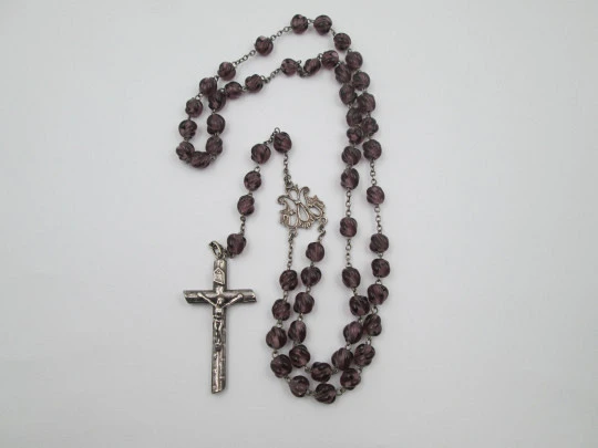 Sterling silver and amethyst crystal rosary. Crucifix and Mary anagram. Spain. 1940's