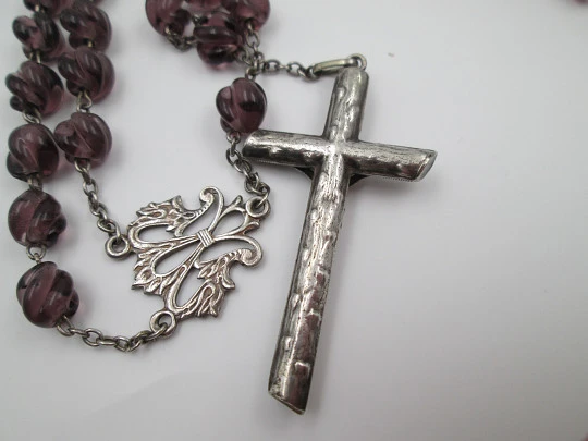 Sterling silver and amethyst crystal rosary. Crucifix and Mary anagram. Spain. 1940's