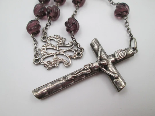 Sterling silver and amethyst crystal rosary. Crucifix and Mary anagram. Spain. 1940's