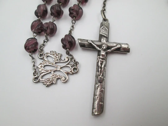 Sterling silver and amethyst crystal rosary. Crucifix and Mary anagram. Spain. 1940's