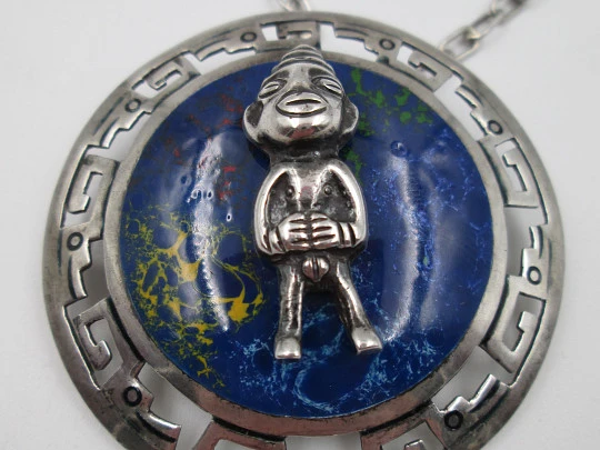 Sterling silver and colours enamel women's necklace. Links chain and inca idol pendant