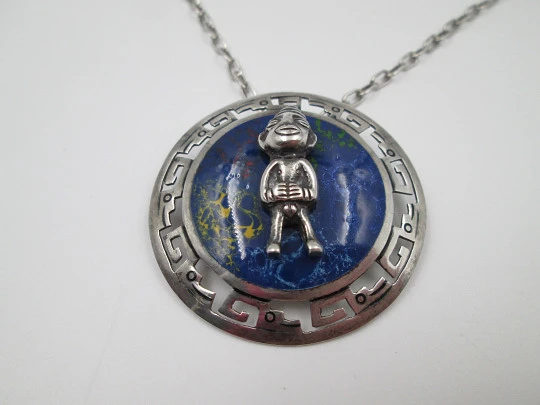 Sterling silver and colours enamel women's necklace. Links chain and inca idol pendant