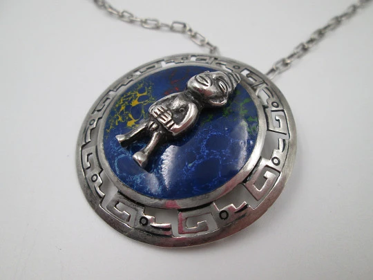 Sterling silver and colours enamel women's necklace. Links chain and inca idol pendant