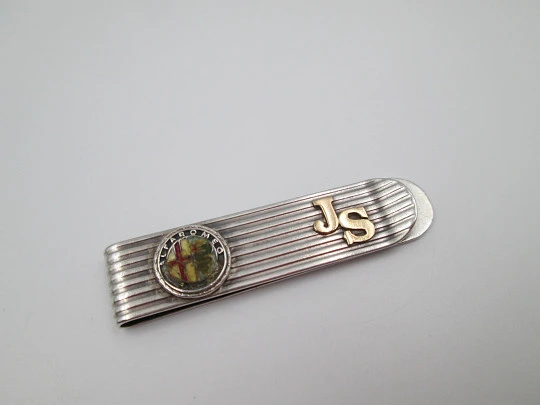 Sterling silver and gold money clip. Ribbed motifs and Alfa Romeo logo. Europe. 1980's
