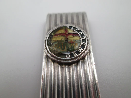 Sterling silver and gold money clip. Ribbed motifs and Alfa Romeo logo. Europe. 1980's