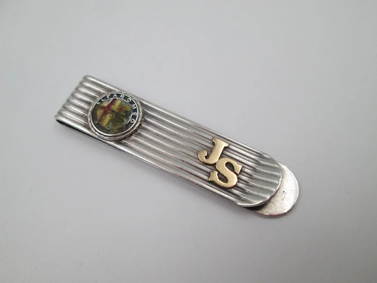 Sterling silver and gold money clip. Ribbed motifs and Alfa Romeo logo. Europe. 1980's
