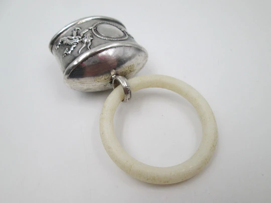 Sterling silver baby rattle. Rabbit with mirror. Resin ring. 1970's