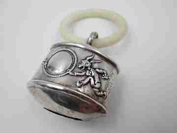Sterling silver baby rattle. Rabbit with mirror. Resin ring. 1970's