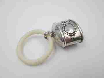 Sterling silver baby rattle. Rabbit with mirror. Resin ring. 1970's