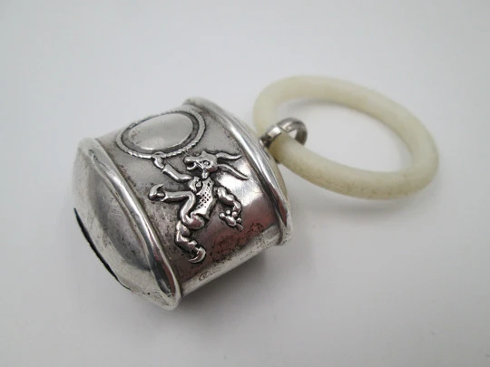 Sterling silver baby rattle. Rabbit with mirror. Resin ring. 1970's