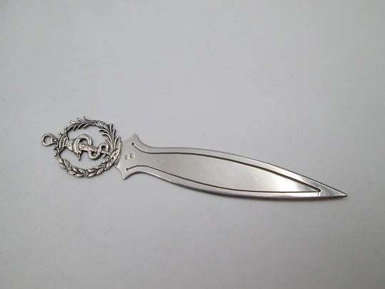 Sterling silver bookmark. Openwork pharmacy caduceus motif. Leaf wreath. 1990's. Spain