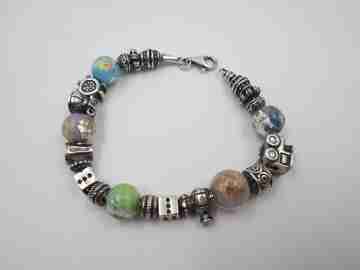 Sterling silver bracelet. Charms and colours crystal balls. Italy. 2010