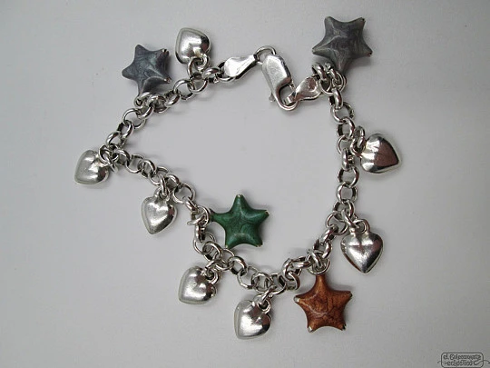 Sterling silver bracelet. Hearts and stars. 1990's. Colours enamel